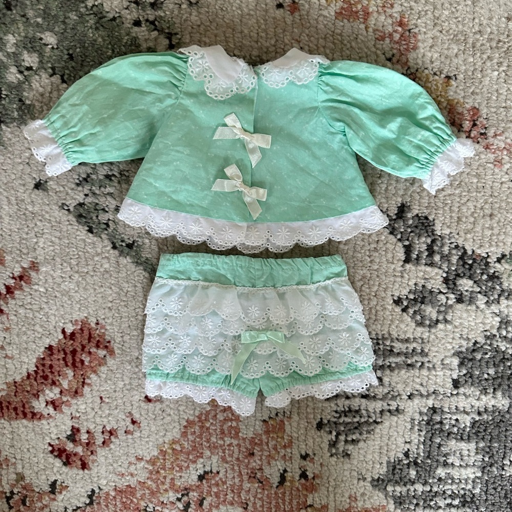 Vintage Baby Girl Outfit GORGEOUS Mint Green Lace Premie Baby Girl Outfit